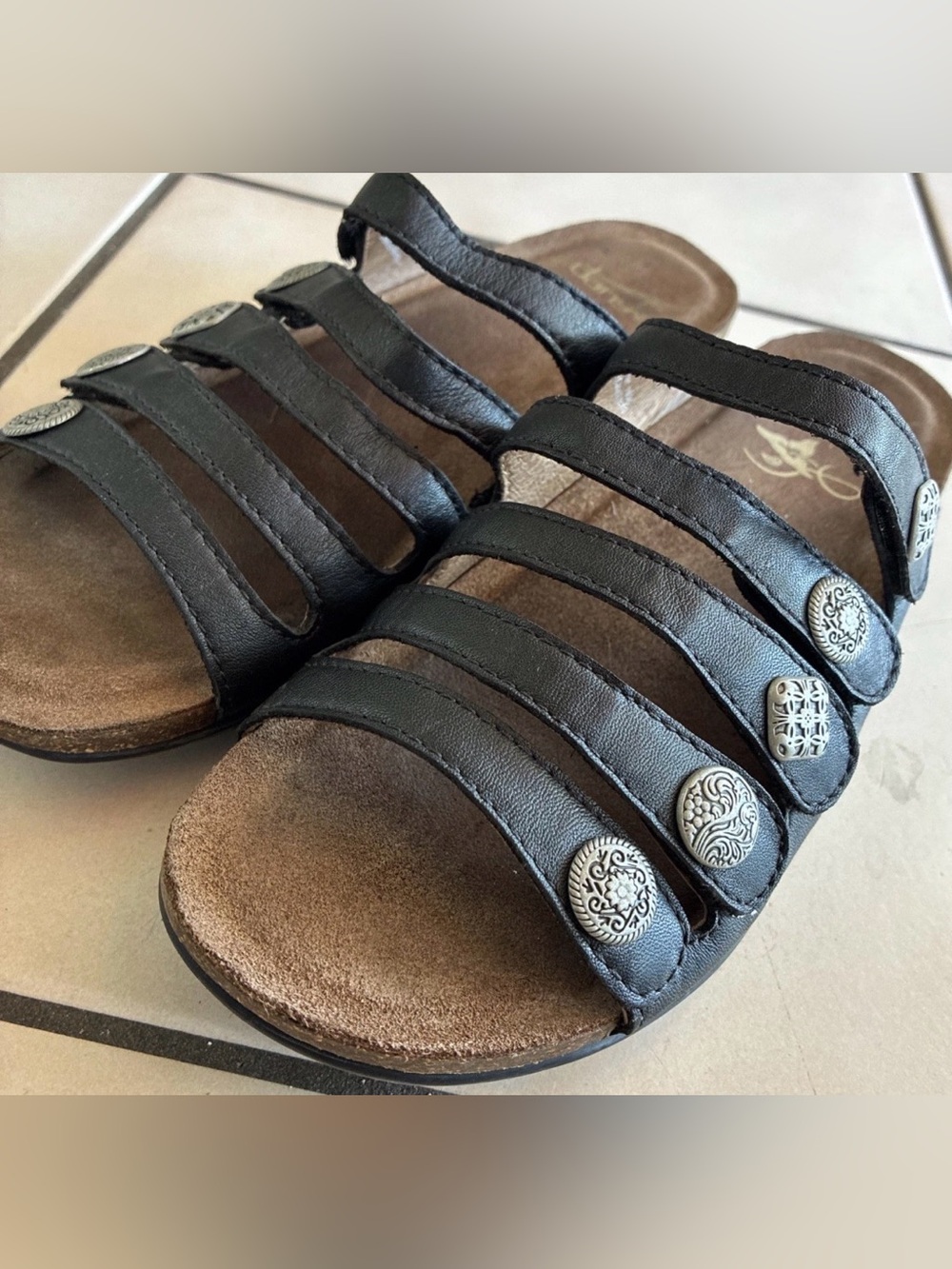 Dansko Janie Sandals Women's EU 38/US 7.5-8 Black Leather Cork Slides Silver EUC